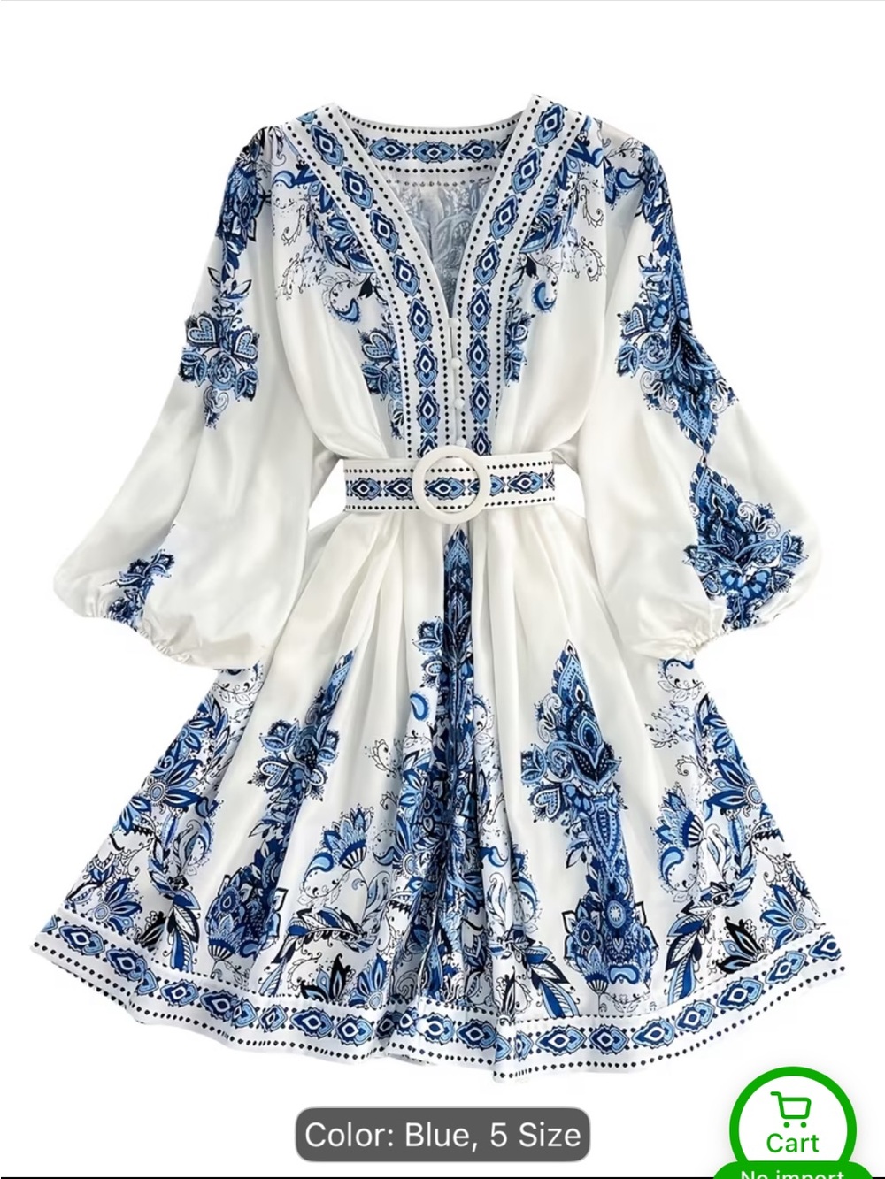 White & Blue Print Mini Dress - V-Neck Boho Tunic - Picture 9 of 12